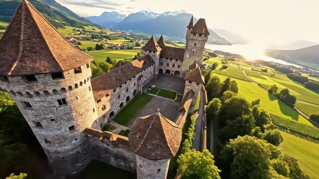 Majestic medieval castle overlooking a serene lake and verdant vineyards, bathed in the golden light of sunset, surrounded by breathtaking mountainous landscape