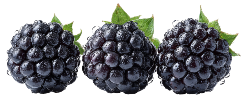 A close-up view of fresh, ripe blackberries with droplets of water glistening on their surface, showcasing their rich color and texture against a clean background