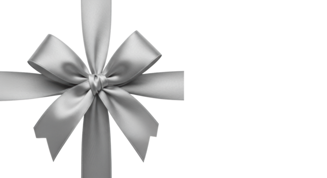 An elegant silver satin ribbon tied into a neat, lustrous bow, with soft studio light, against a transparent background with ample copy space to the right, concept of celebration and sophistication