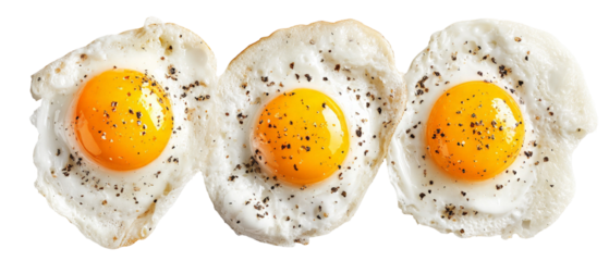 Three perfectly cooked sunny-side-up eggs seasoned with black pepper, arranged neatly on a white background, ideal for culinary presentations or food-related content