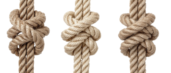 A close-up view of three intricately tied knots made from thick, natural fiber rope, showcasing the craftsmanship and detail, set against a clean white background for clarity