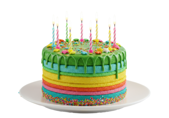 Vibrant birthday cake with rainbow sponge, green dripping icing, star candies, and eight burning candles on a white plate with sprinkles against a transparent background, joyful celebration