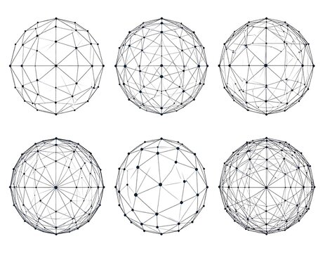 Six spherical wireframes connected by lines, forming a network