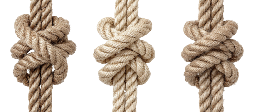 A close-up view of three intricately tied knots made from thick, natural fiber rope, showcasing the craftsmanship and detail, set against a clean white background for clarity