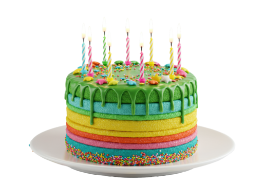 Vibrant birthday cake with rainbow sponge, green dripping icing, star candies, and eight burning candles on a white plate with sprinkles against a transparent background, joyful celebration