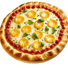 Appetizing pizza with melted cheese, fresh basil, and tomato sauce