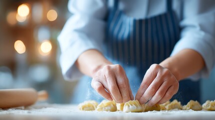 Hands expertly shape dumplings on a floured surface in a warm kitchen, surrounded by soft lighting. The moment captures the joy of culinary creation, rich with tradition