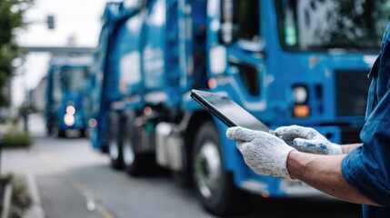 Worker uses tablet near blue sanitation truck on street