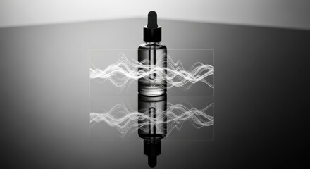 Elegant serum bottle with sound waves for innovative skincare promotion, highlighting advanced technology and sophisticated beauty rituals, modern aesthetic appeal