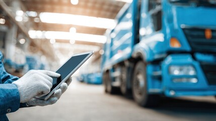 Worker uses tablet near blue trucks inside industrial warehouse setting.
