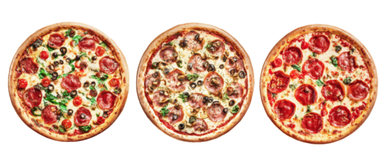 A vibrant display of three gourmet pizzas featuring fresh ingredients like tomatoes, olives, and pepperoni, set against a neutral background, ideal for culinary promotions or food blogs