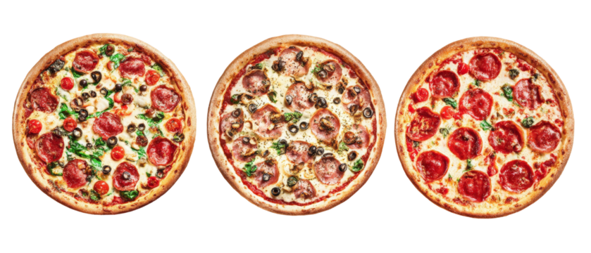 A vibrant display of three gourmet pizzas featuring fresh ingredients like tomatoes, olives, and pepperoni, set against a neutral background, ideal for culinary promotions or food blogs