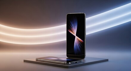 Modern smartphone mockup with elegant abstract display on platform illuminated by neon lights, stylish tech device for digital marketing, app promotion