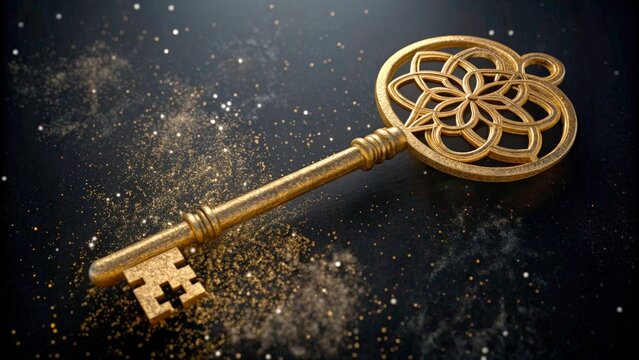 Intricate golden key laid on a dark surface with sparkling dust around it, suggesting mystery and elegance