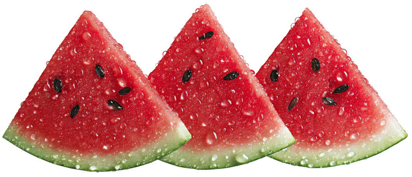 Freshly sliced watermelon pieces glistening with droplets of water, arranged in a row, showcasing their vibrant red flesh and black seeds, perfect for summer refreshment or healthy snacks