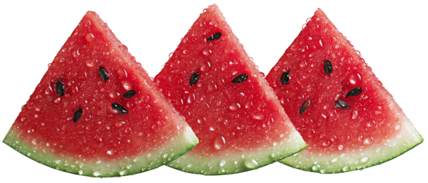 Freshly sliced watermelon pieces glistening with droplets of water, arranged in a row, showcasing their vibrant red flesh and black seeds, perfect for summer refreshment or healthy snacks