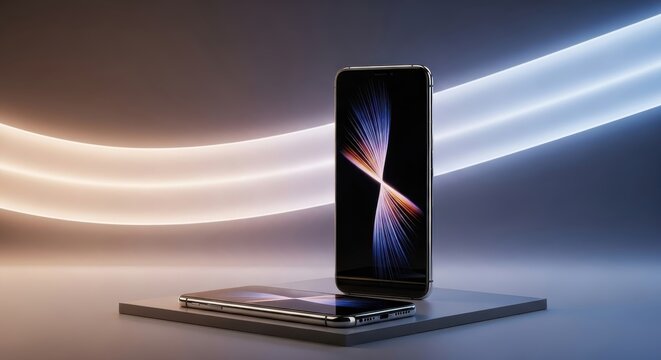 Modern smartphone mockup with elegant abstract display on platform illuminated by neon lights, stylish tech device for digital marketing, app promotion