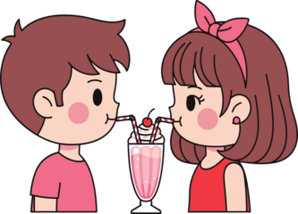 Cute cartoon boy and girl sharing a pink milkshake with two straws