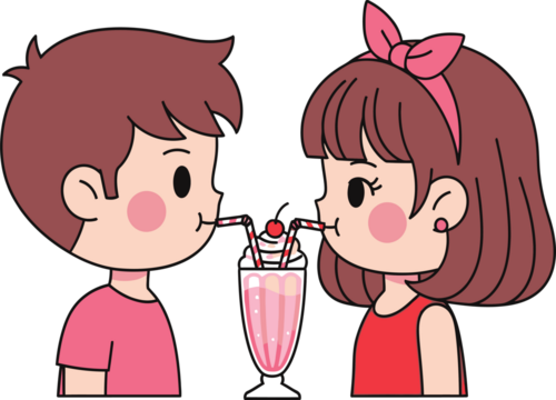 Cute cartoon boy and girl sharing a pink milkshake with two straws - Powered by Adobe
