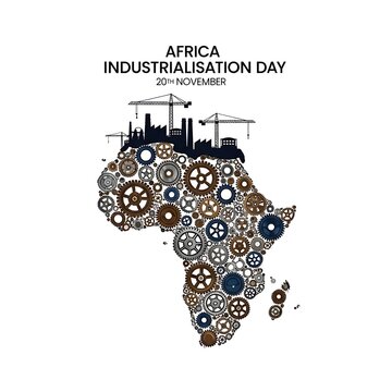 Africa industrialisation day map with gears and silhouettes