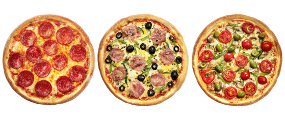 Three delicious pizzas featuring pepperoni, vegetables, and olives, artfully arranged on a clean background, ideal for food-related content and culinary promotions
