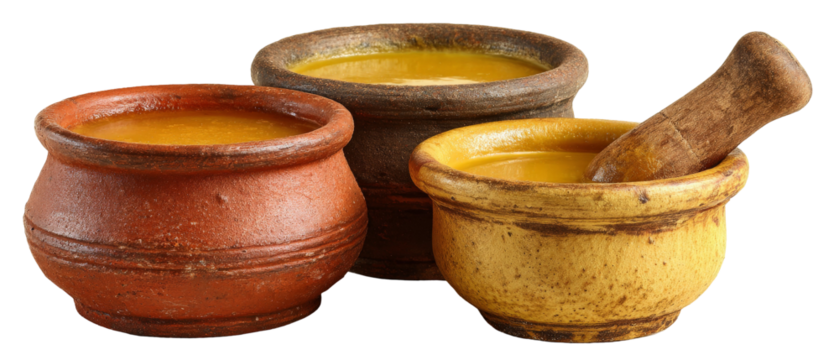 Three traditional clay pots filled with vibrant yellow ingredients, showcasing a rustic kitchen setting, with a wooden pestle beside them, evoking a sense of culinary heritage and craftsmanship