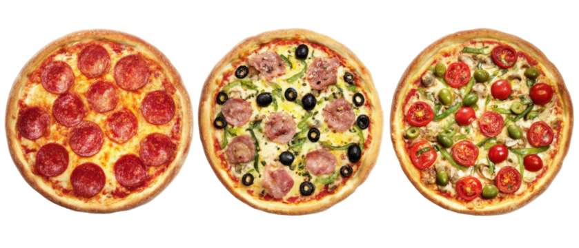 Three delicious pizzas featuring pepperoni, vegetables, and olives, artfully arranged on a clean background, ideal for food-related content and culinary promotions