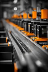 A long metal conveyor system with orange accents stretches into the distance in a factory setting.
