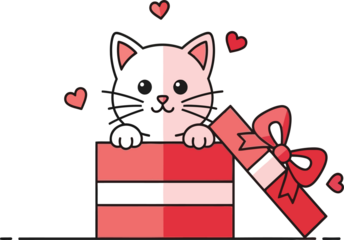Cute Cartoon Cat Peeking Out of Red Gift Box with Hearts
