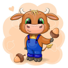 Fototapeta premium Cute cartoon Bull with acorns. Autumn Vector illustration of animal on orange background.