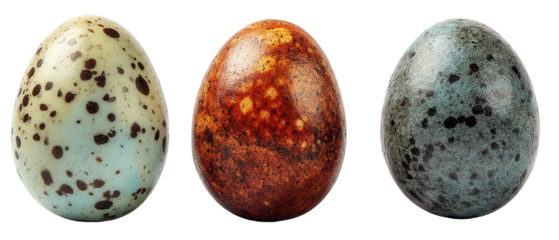 Three distinct bird eggs displayed in a row, showcasing unique colors and speckled patterns against a clean background, ideal for educational use in nature studies