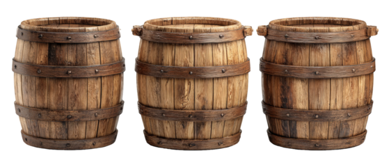 A trio of rustic wooden barrels arranged side by side, showcasing their sturdy construction and natural wood grain, set against a plain background for a classic, timeless appeal