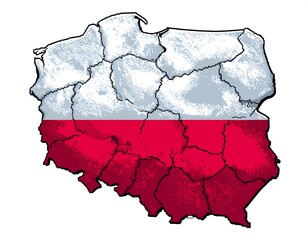 Stylized map of a country, shaded in red and white sections