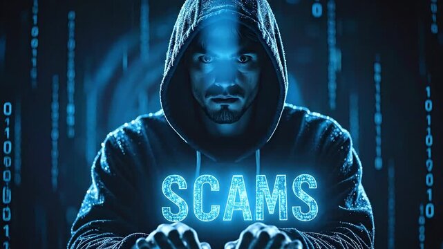 Online Scams Hooded Hacker Typing on Keyboard Surrounded by Binary Code