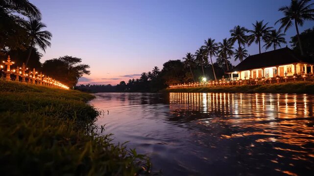 Illuminated Path Leading to Tranquil Waters Reflecting the Makaravilakku Festival Lights at Dusk in Kerala