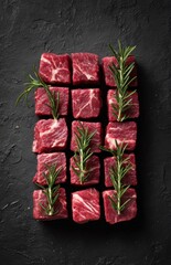 Fresh raw beef cubes garnished with rosemary sprigs on dark surface.