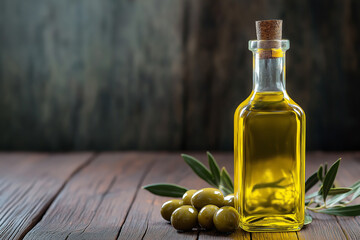Premium Olive Oil Bottle with Olives on Wooden Table, Clean Gradient Background