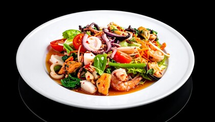 A colorful seafood salad arranged on a white plate