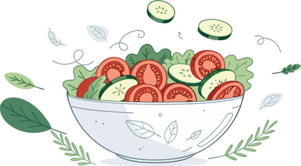 Delicious salad with fresh tomatoes and cucumbers in a bowl, healthy eating concept, perfect for recipe blogs and vibrant food ads, originally a vector graphic