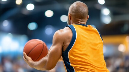 A focused basketball player in a bright orange jersey stands with a ball, ready to make a play. The backdrop features blurred spectators in an exciting indoor arena atmosphere