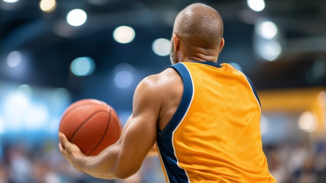 A focused basketball player in a bright orange jersey stands with a ball, ready to make a play. The backdrop features blurred spectators in an exciting indoor arena atmosphere