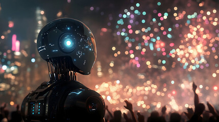 A sleek, metallic robot observes a vibrant fireworks display over a city skyline, a futuristic scene blending technology and celebration.