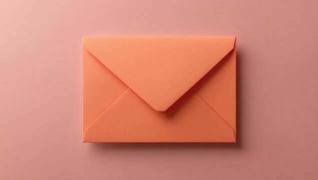 A coral-colored envelope sits centrally on a pale pink background, its flap neatly closed, creating a minimalist, clean aesthetic.  The lighting is even, casting no harsh shadows