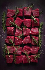 Fresh raw beef steak cuts arranged with rosemary sprigs on dark surface.