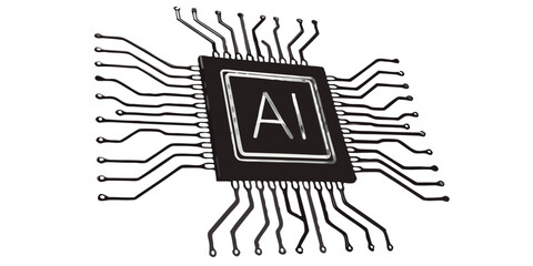 3D Render of AI Microchip with Neon Circuits Spreading Outward — Advanced Artificial Intelligence Hardware and Futuristic Technology Concept with Background Removed