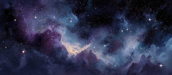 A cosmic vista reveals a nebula's ethereal beauty, swirling purple, blue, and hints of gold amidst a star-dusted expanse