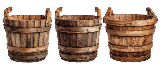 Three rustic wooden buckets arranged in a row, showcasing their unique designs and textures, set against a clean background, ideal for home decor or gardening themes