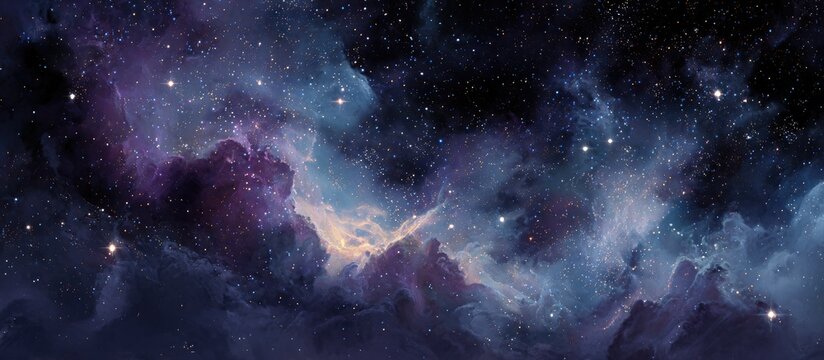 A cosmic vista reveals a nebula's ethereal beauty, swirling purple, blue, and hints of gold amidst a star-dusted expanse
