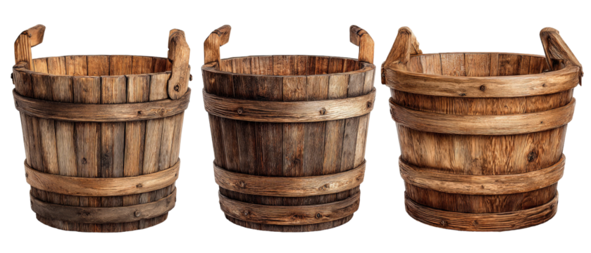 Three rustic wooden buckets arranged in a row, showcasing their unique designs and textures, set against a clean background, ideal for home decor or gardening themes