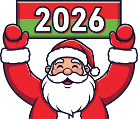 Santa claus holding a 2026 sign with snowflakes on a blue gradient background